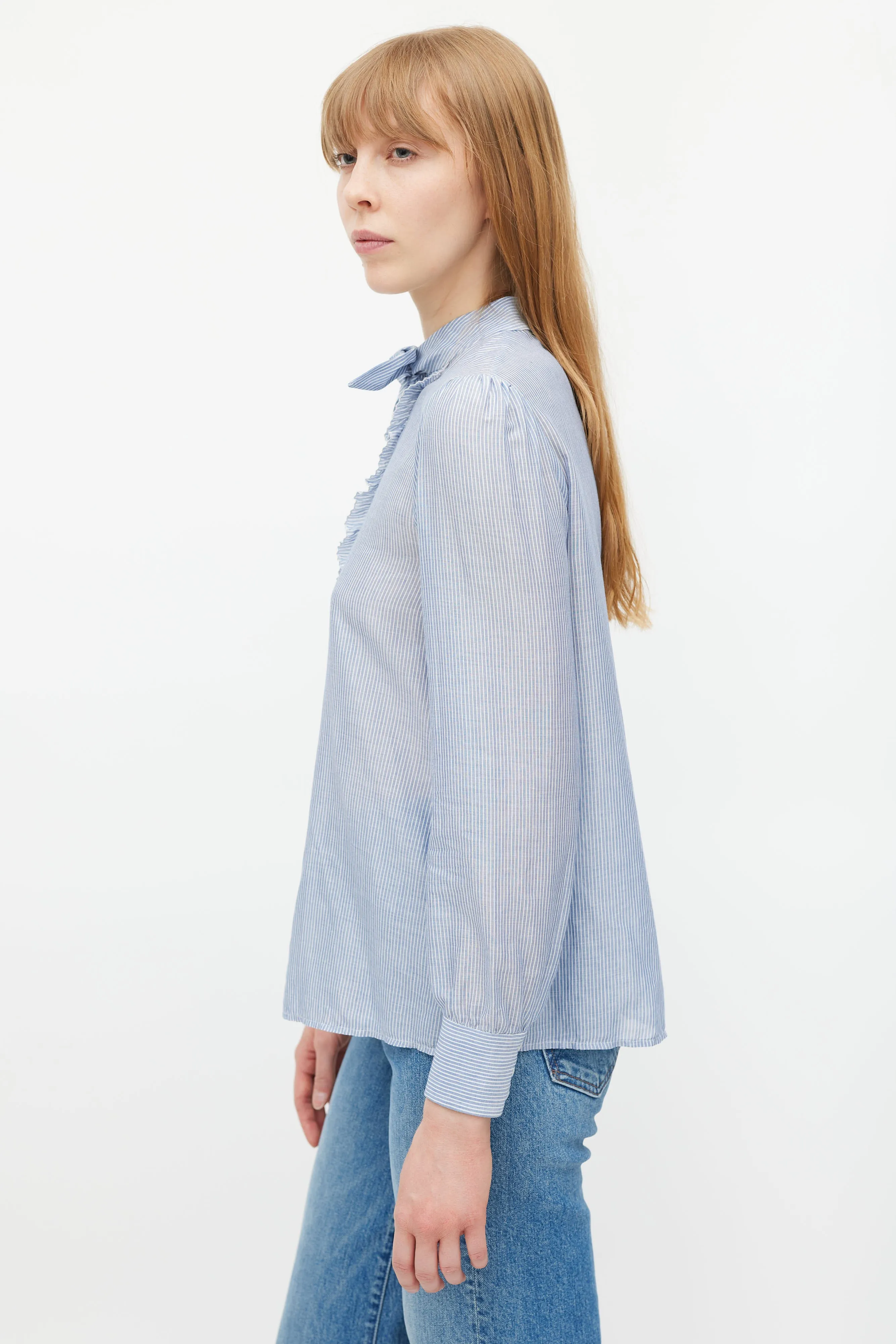 Blue & White Striped Ruffled Shirt