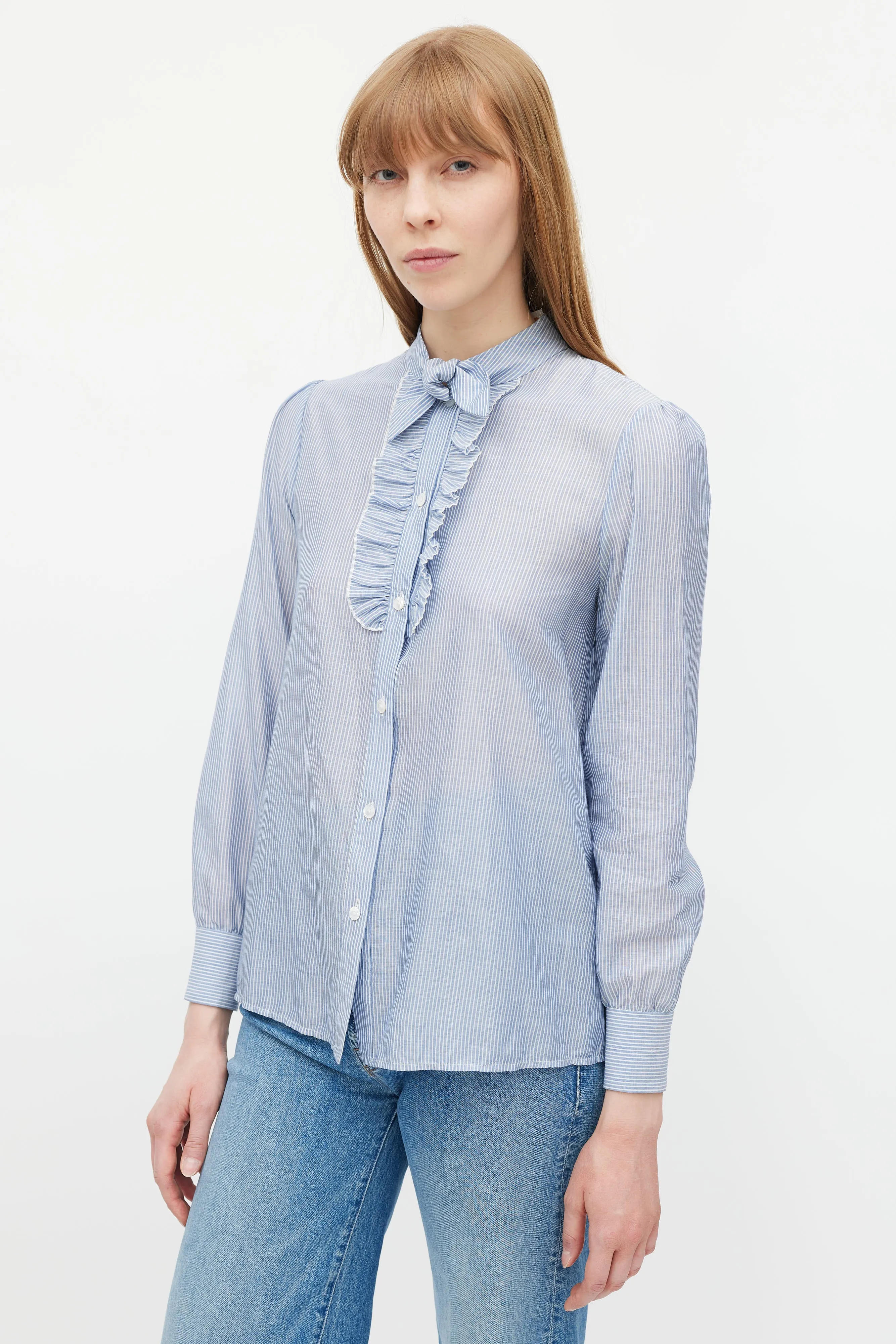 Blue & White Striped Ruffled Shirt