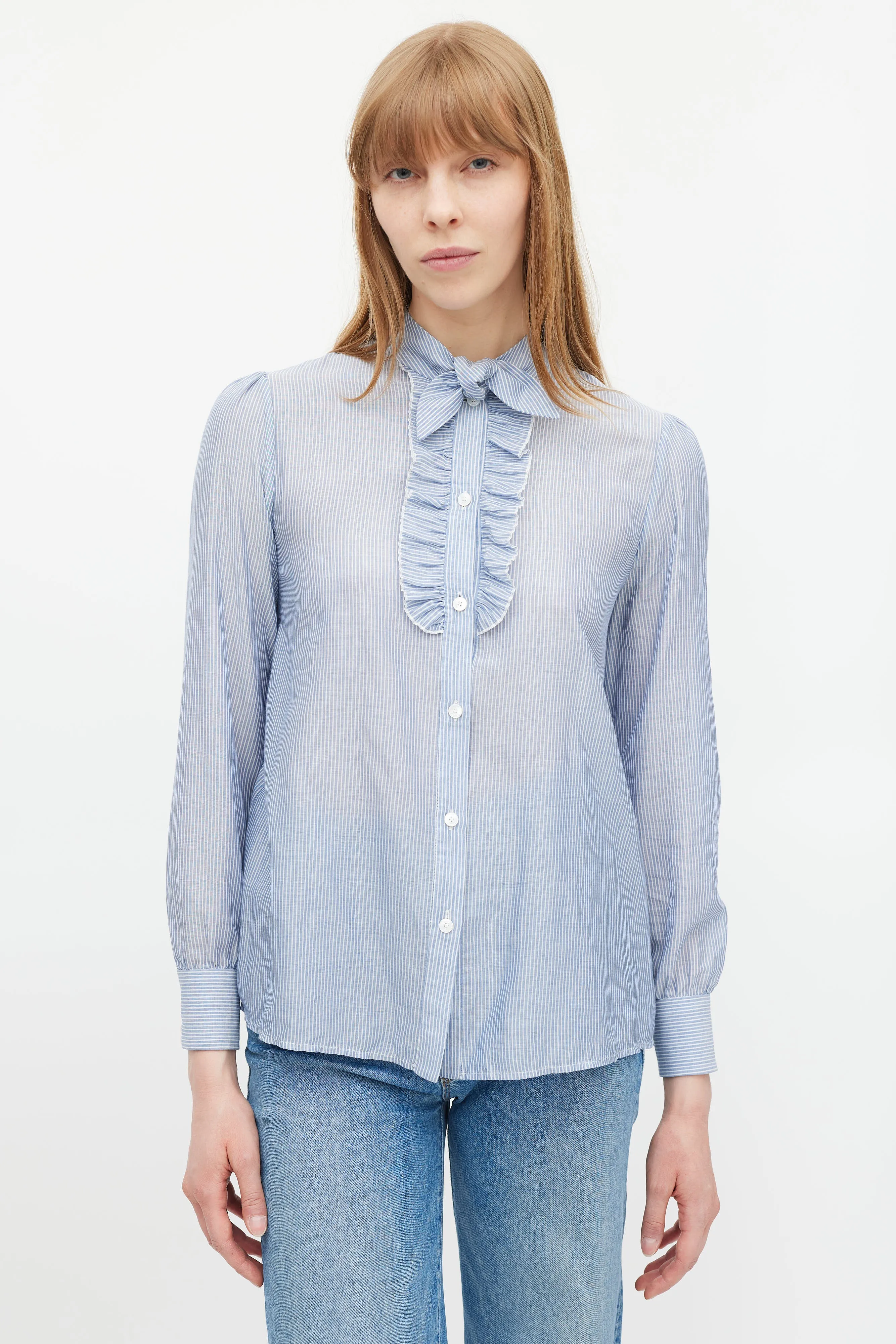 Blue & White Striped Ruffled Shirt