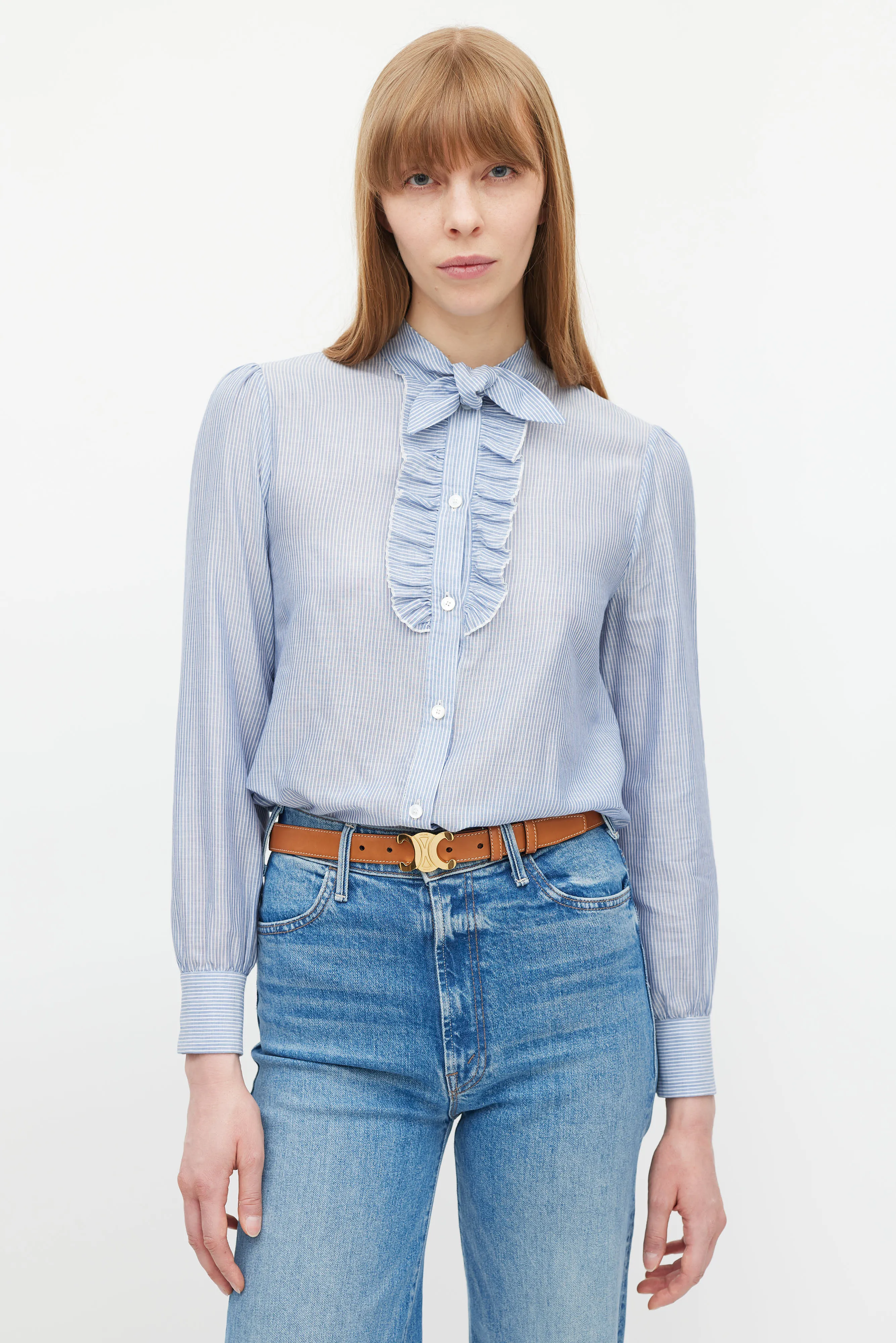 Blue & White Striped Ruffled Shirt