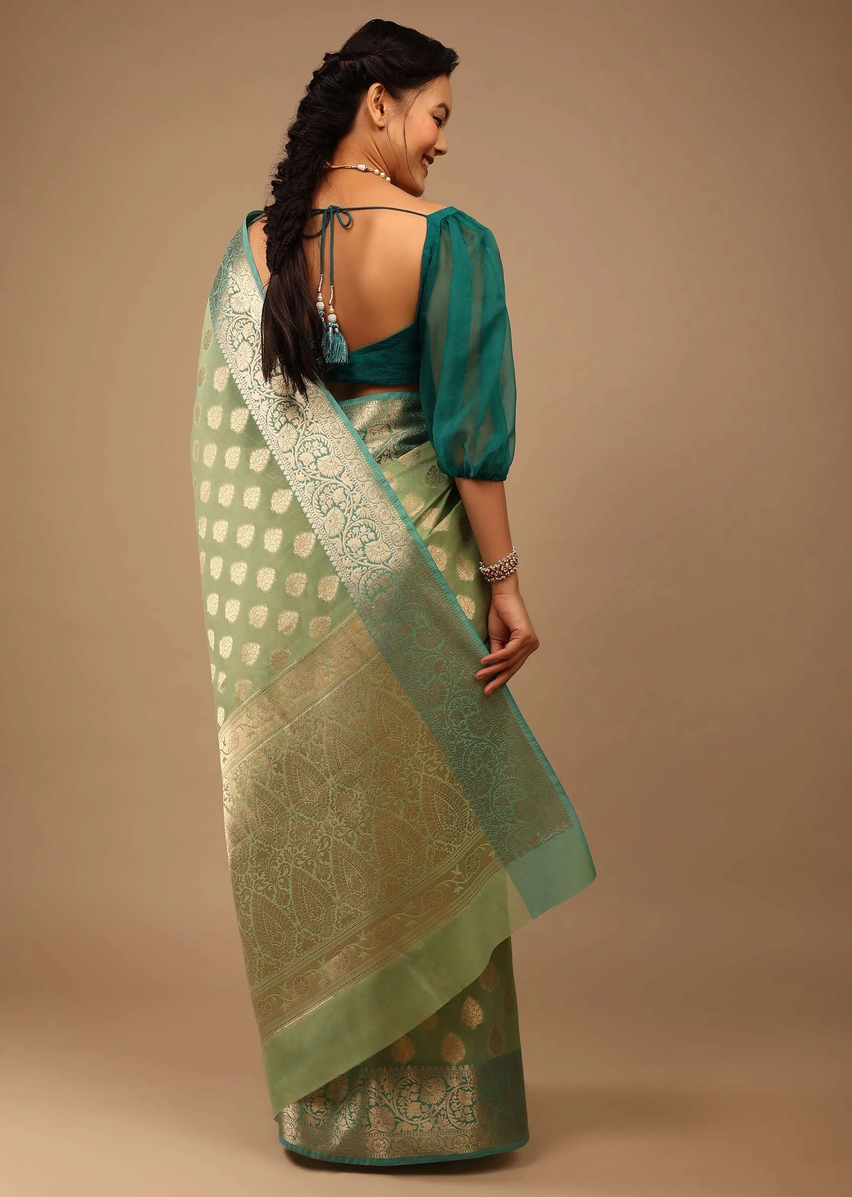 Citrus Green Saree In Banarsi Chanderi And Pure Handloom Cotton