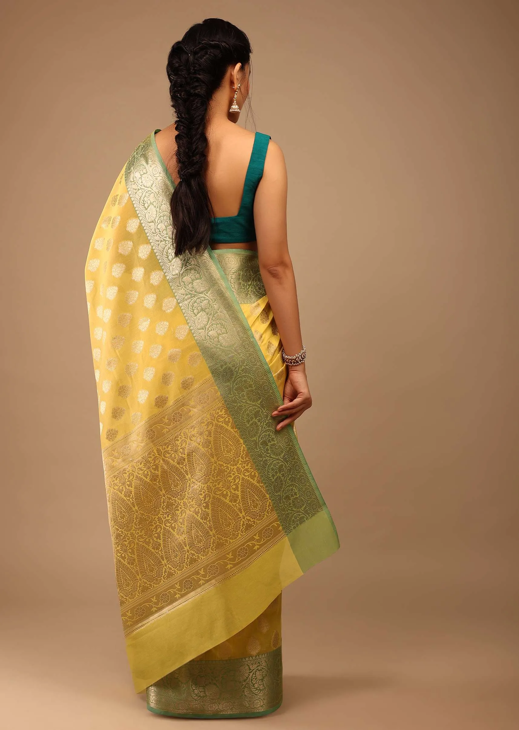 Cyber Yellow Saree In Banarsi Chanderi And Pure Handloom Cotton