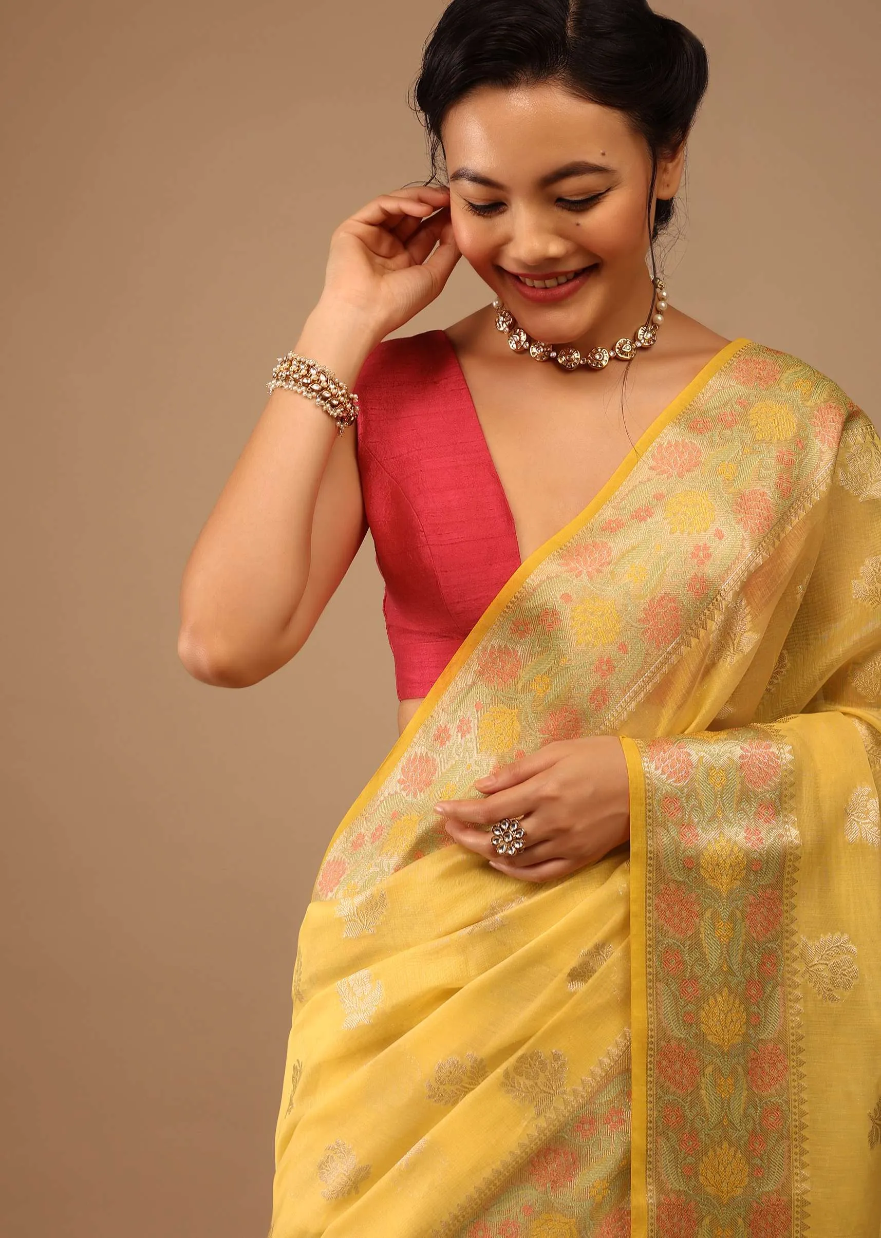 Daffodil Yellow Saree In Banarsi Chanderi And Pure Handloom Cotton