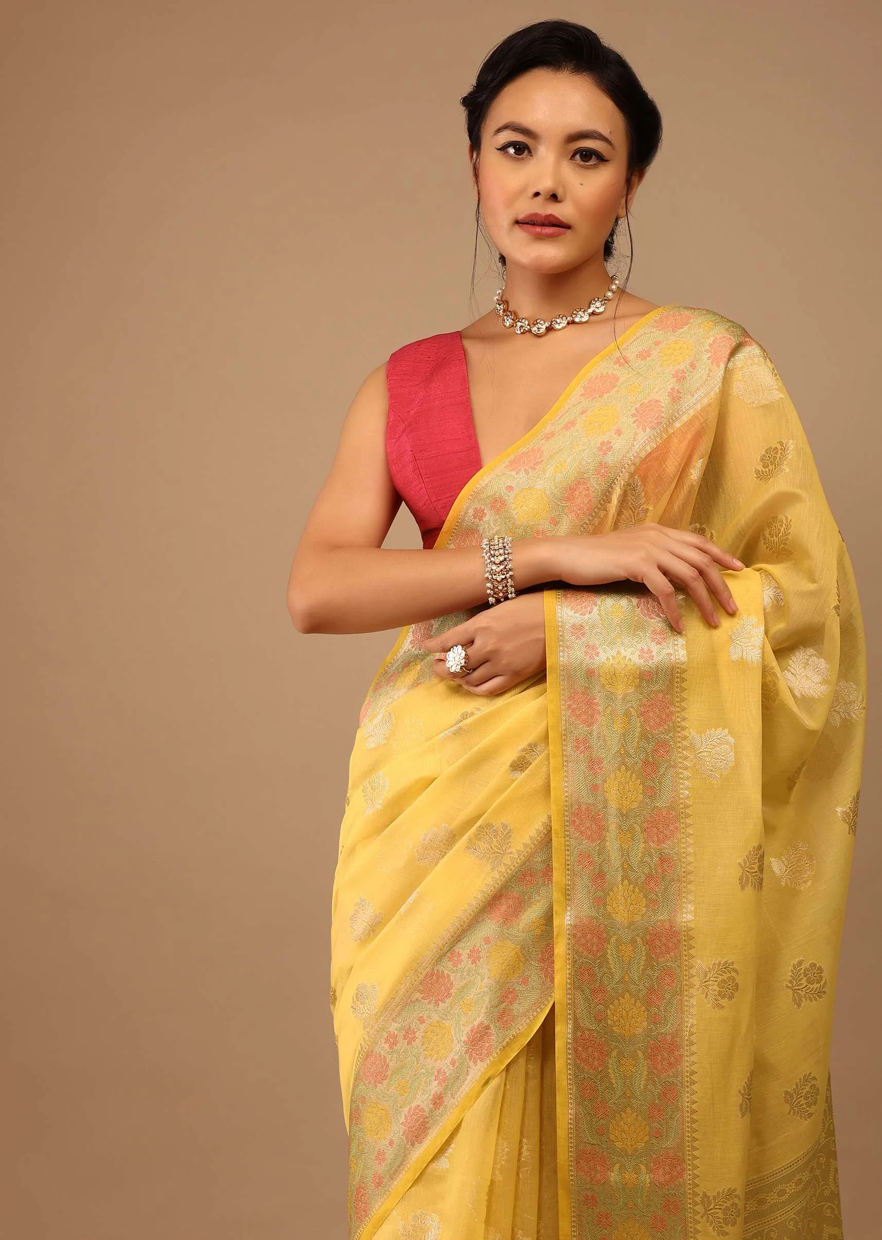 Daffodil Yellow Saree In Banarsi Chanderi And Pure Handloom Cotton
