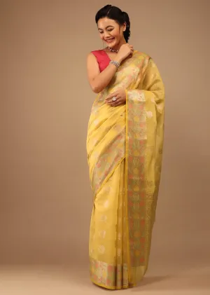 Daffodil Yellow Saree In Banarsi Chanderi And Pure Handloom Cotton