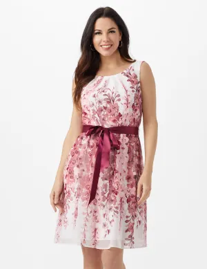 Double Vine Floral Boarder Dress with Satin Ribbon Belt