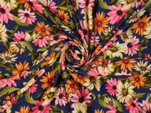 Faux silk Satin  fabric by the yard -    Blue Daisy print