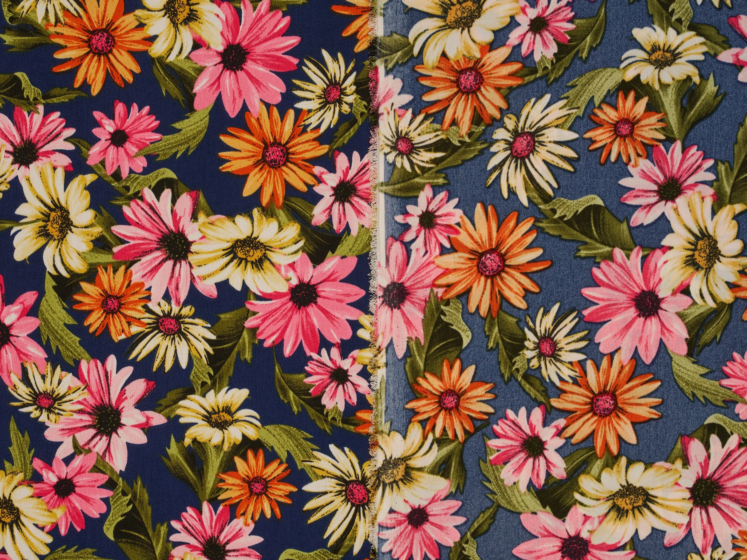 Faux silk Satin  fabric by the yard -    Blue Daisy print