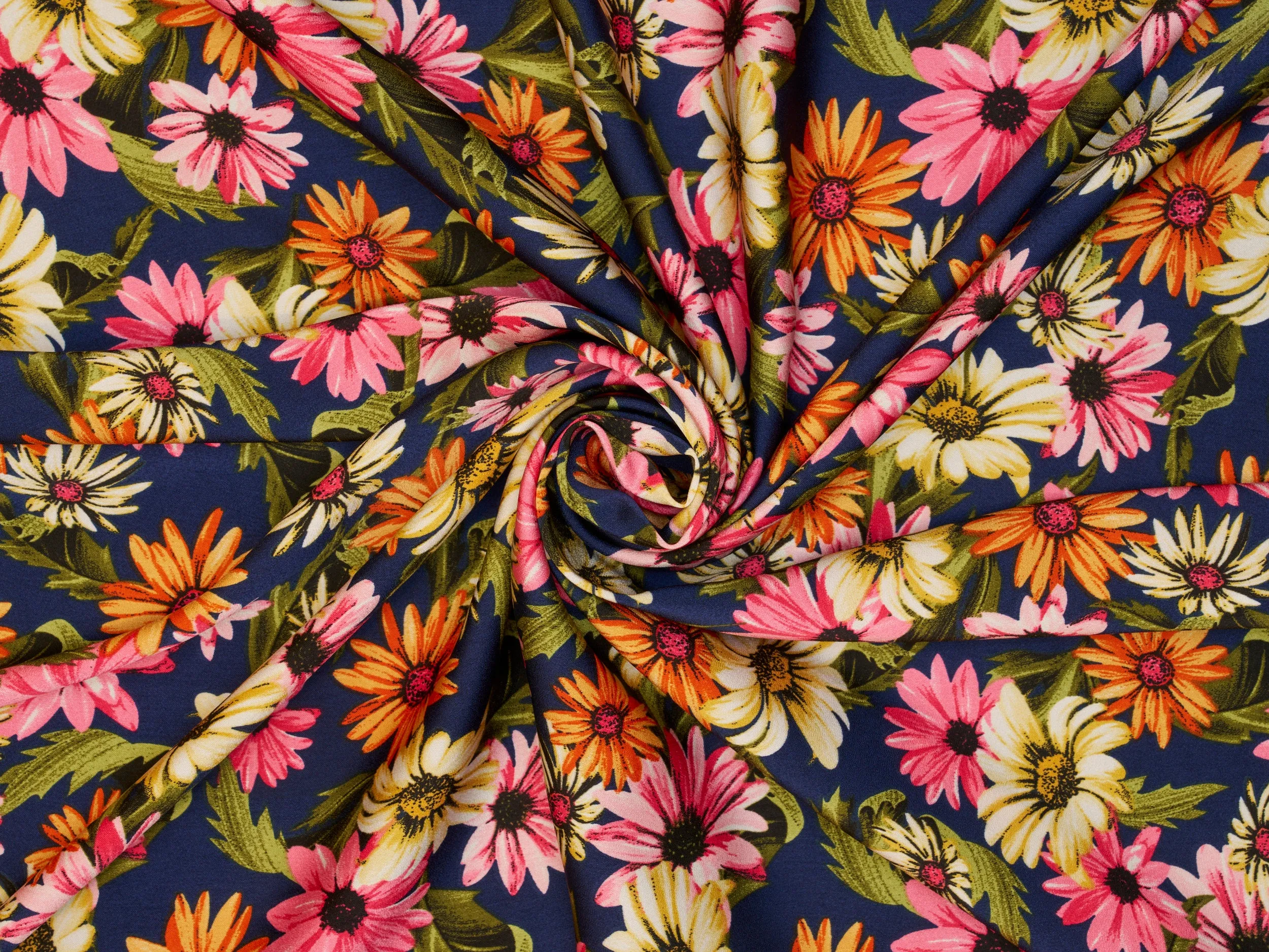 Faux silk Satin  fabric by the yard -    Blue Daisy print