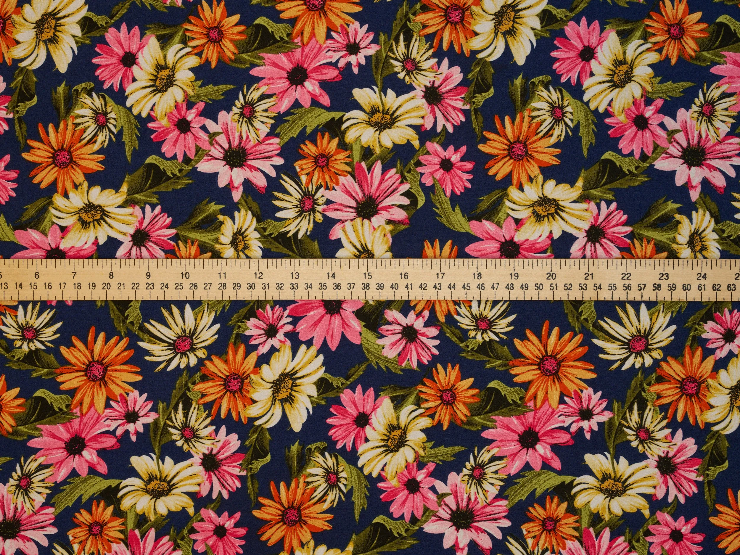 Faux silk Satin  fabric by the yard -    Blue Daisy print