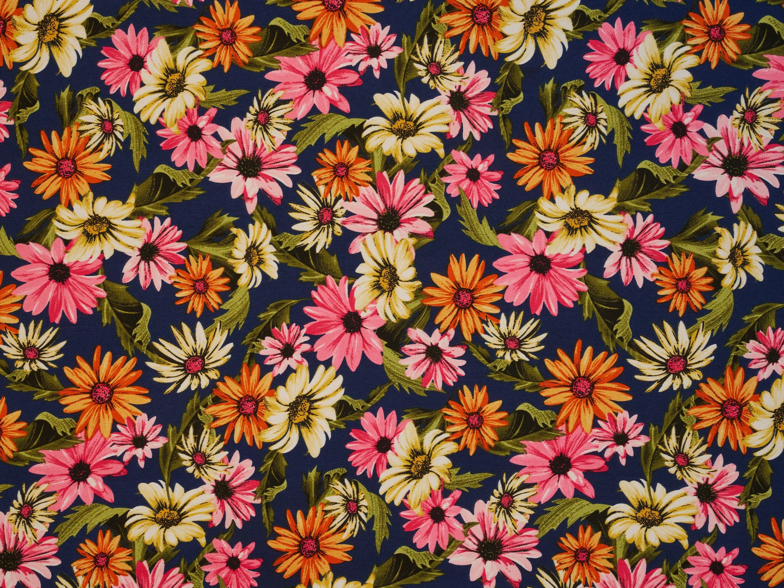 Faux silk Satin  fabric by the yard -    Blue Daisy print