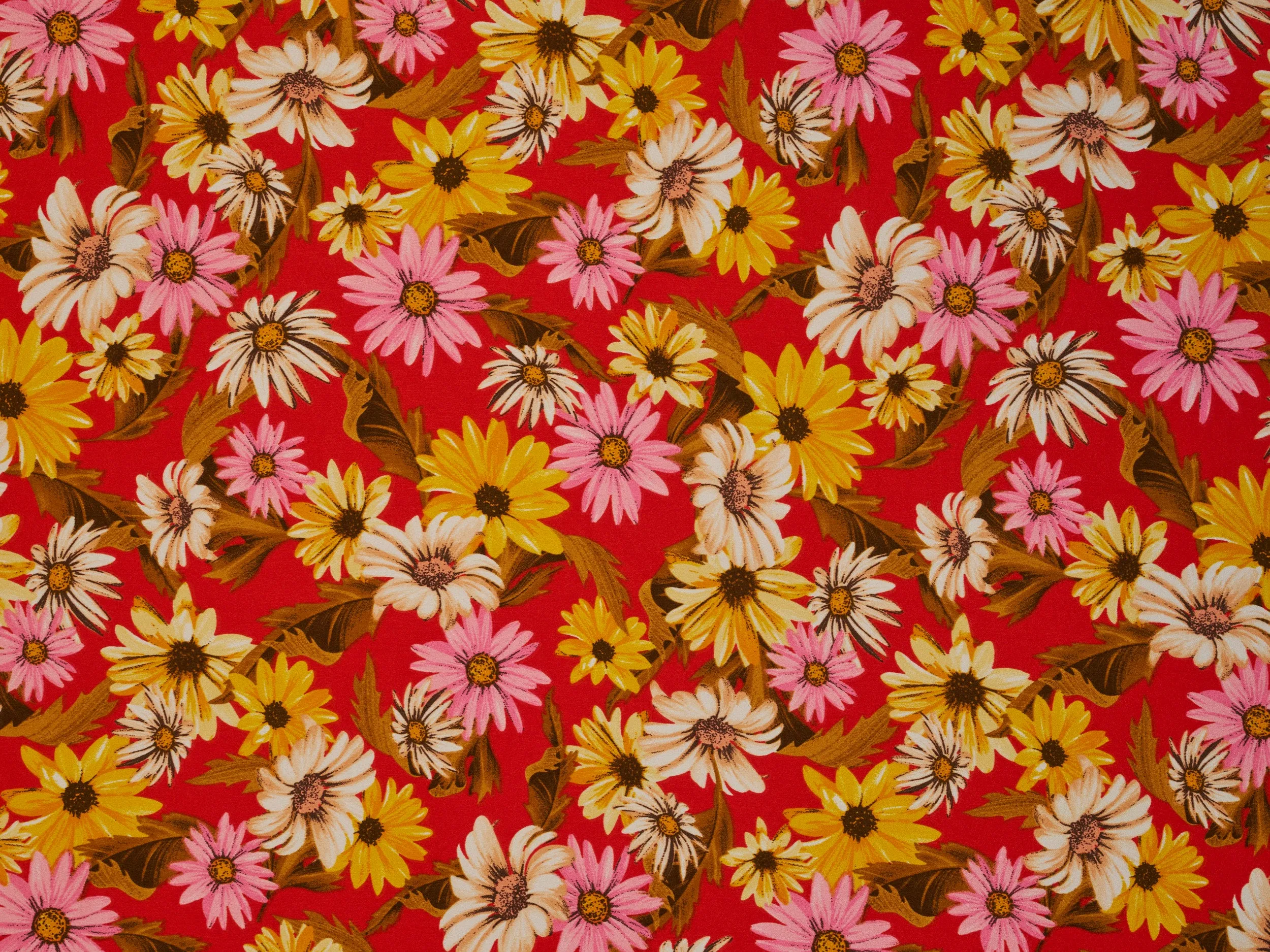 Faux silk Satin  fabric by the yard -    Blue Daisy print