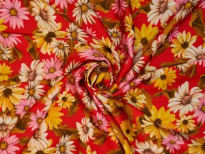 Faux silk Satin  fabric by the yard -    Red Daisy print