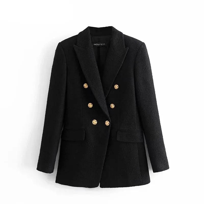 Hulianfu Blazer Women Traf Fashion Metal Double Breasted Woollen Blazers Coat Vintage Long Sleeve Female Outerwear Chic Tops