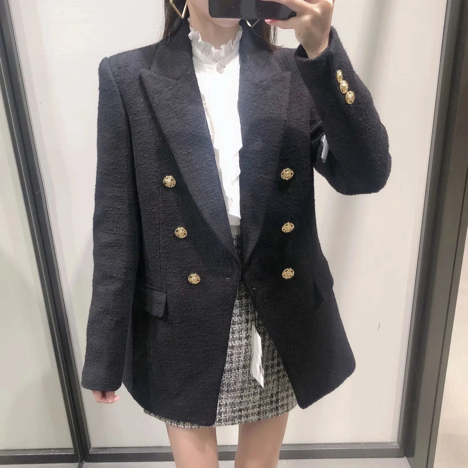 Hulianfu Blazer Women Traf Fashion Metal Double Breasted Woollen Blazers Coat Vintage Long Sleeve Female Outerwear Chic Tops