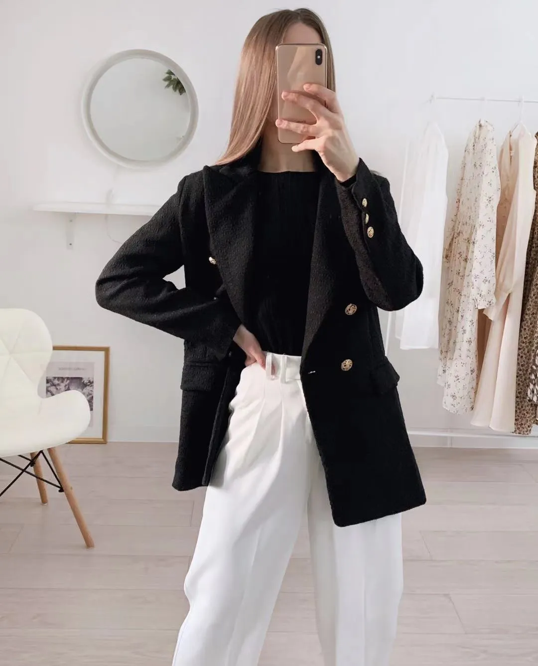Hulianfu Blazer Women Traf Fashion Metal Double Breasted Woollen Blazers Coat Vintage Long Sleeve Female Outerwear Chic Tops