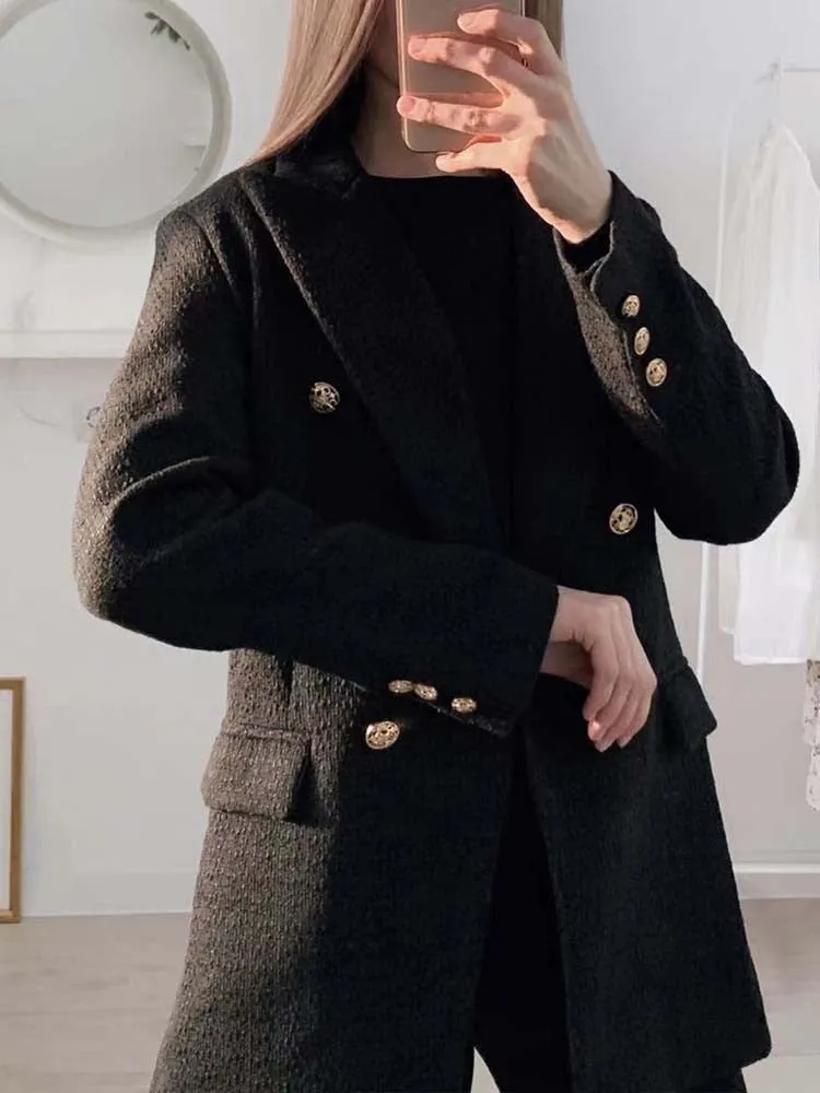 Hulianfu Blazer Women Traf Fashion Metal Double Breasted Woollen Blazers Coat Vintage Long Sleeve Female Outerwear Chic Tops