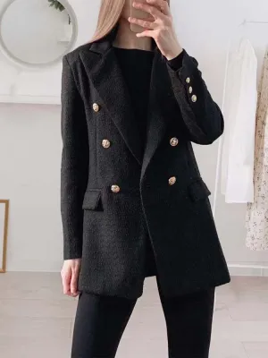 Hulianfu Blazer Women Traf Fashion Metal Double Breasted Woollen Blazers Coat Vintage Long Sleeve Female Outerwear Chic Tops