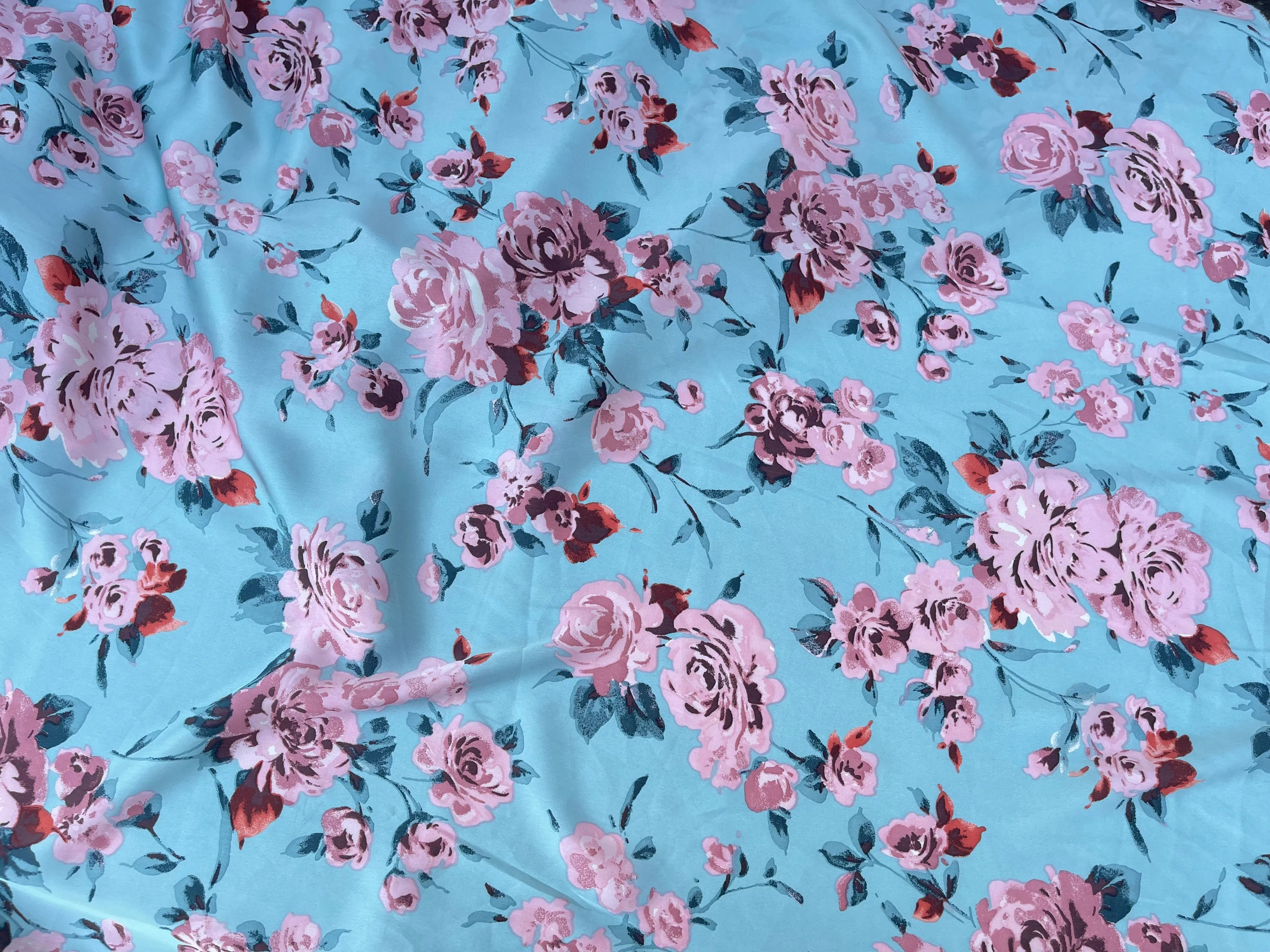 Lightweight  satin  fabric by the yard - Aqua and coral  floral  print