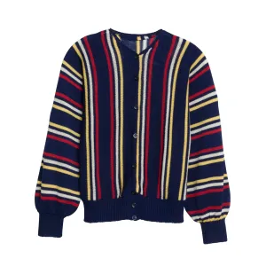 Mid-Century Striped Stockinette Virgin Wool Cuff Sleeve Cardigan