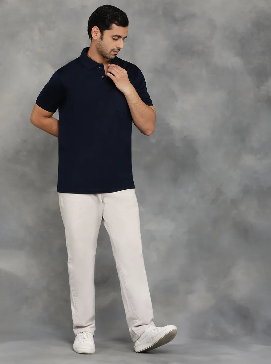 Navy Blue Solid Regular Fit Polo T-Shirt | JadeBlue