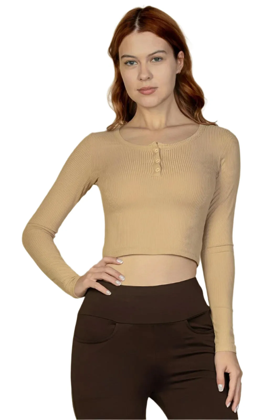 Ribbed Button Up Long Sleeve Crop Top