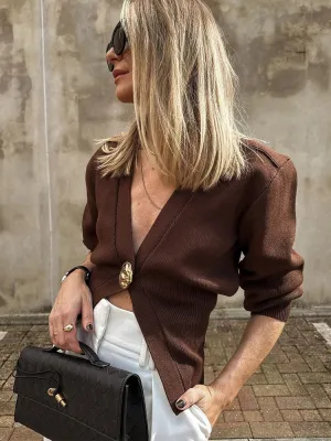 UAKISS  -  Fashion Solid Maillard Angola Knitted Cardigan Women Deep V Neck Long Sleeve One Button Sweater Autumn Lady Knitwear Chic Tops